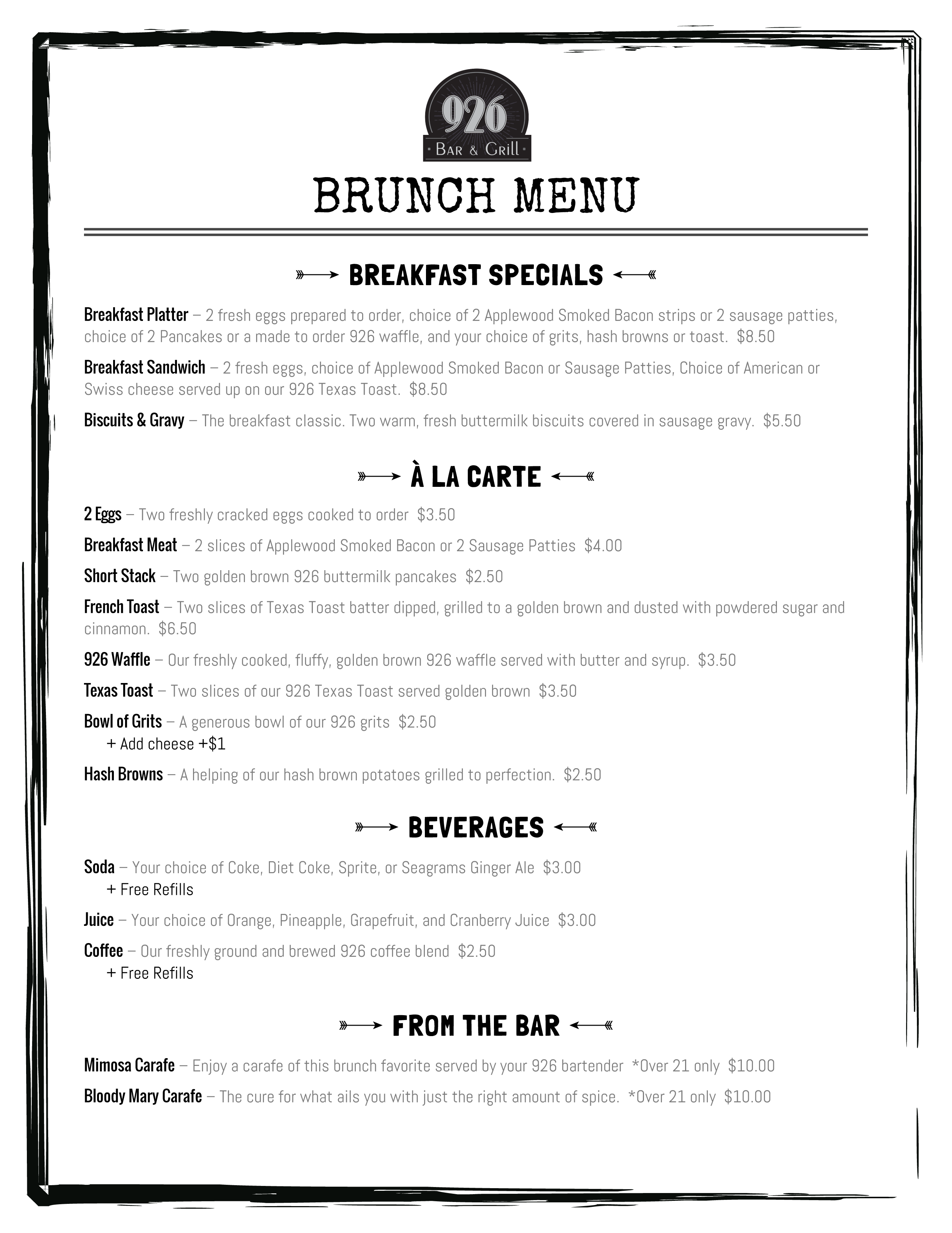 926 Sunday Brunch Menu